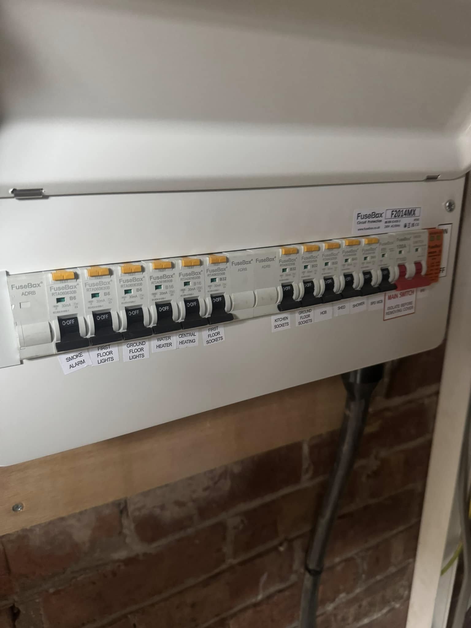 Electrical fuse box with labeled switches