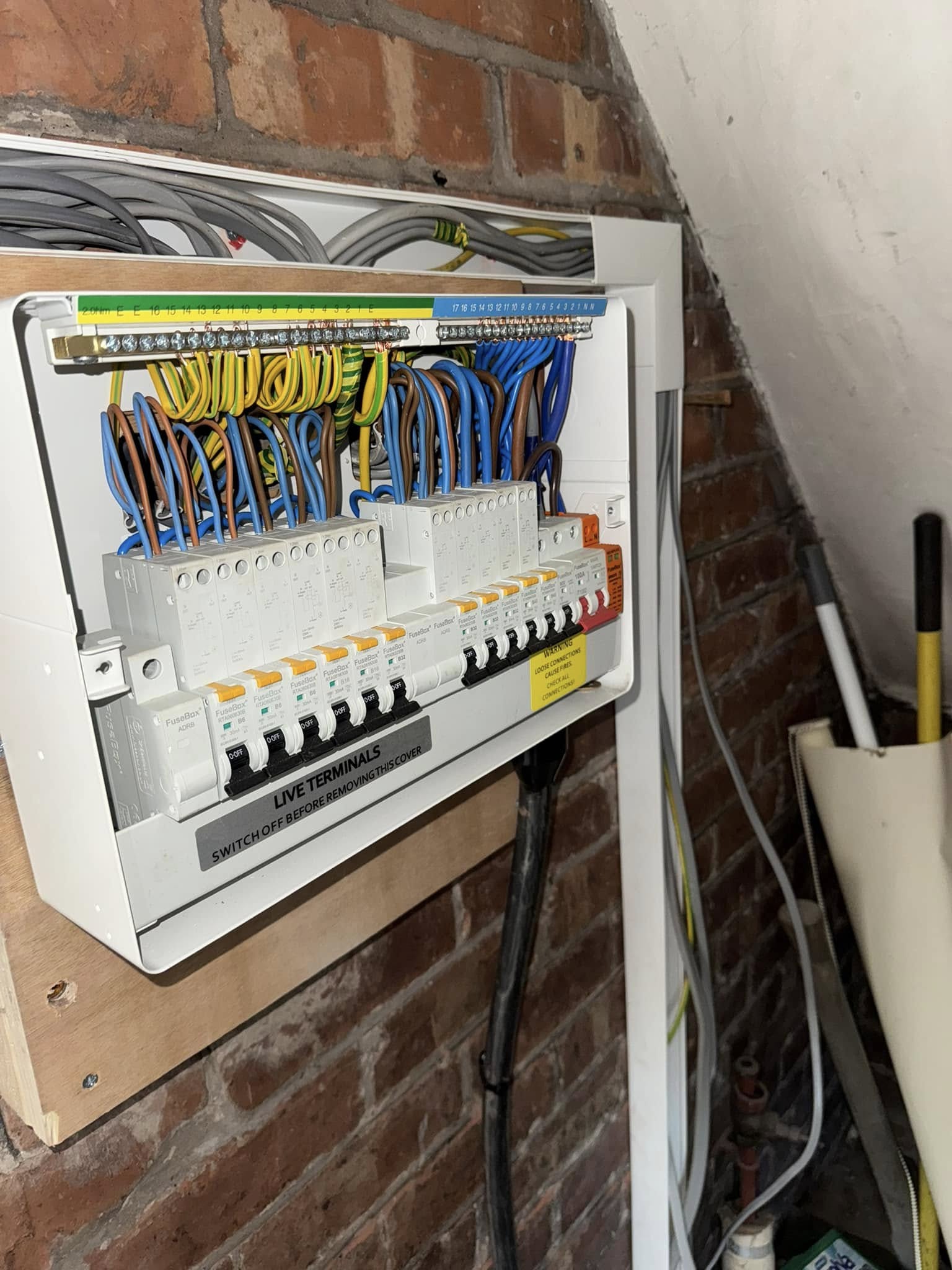 Open Electrical fuse box with switches off